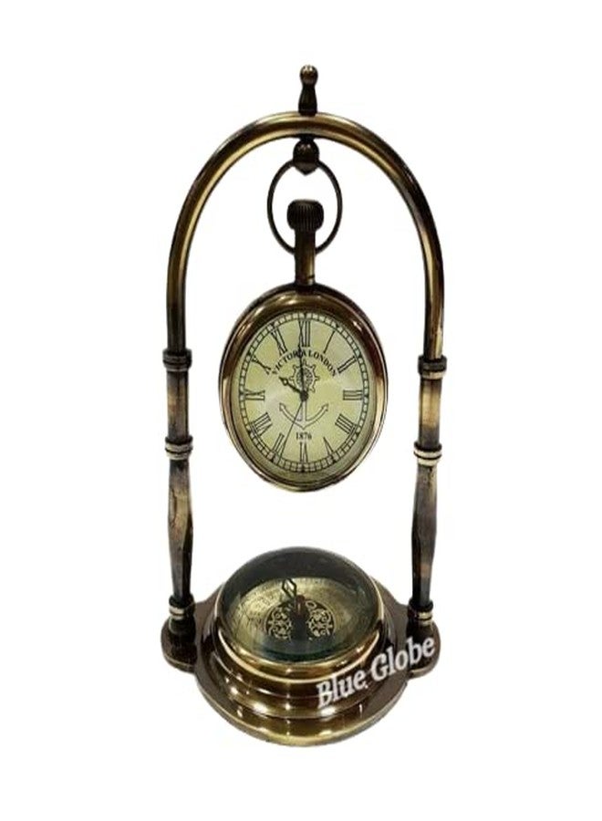 Blue Globe Antique Brass Desk & Shelf Clock with Compass Base, Vintage Look Table Clock, Style Maritime Ship Desk Gift, Table Clock, Brass Desk Clock (Roman Dial) - Image 2